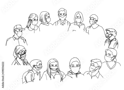 People all over the world live a new normal lifestyle. Wearing a mask to prevent infection from an epidemic coronavirus covid-19. Vector line art design of protection concept