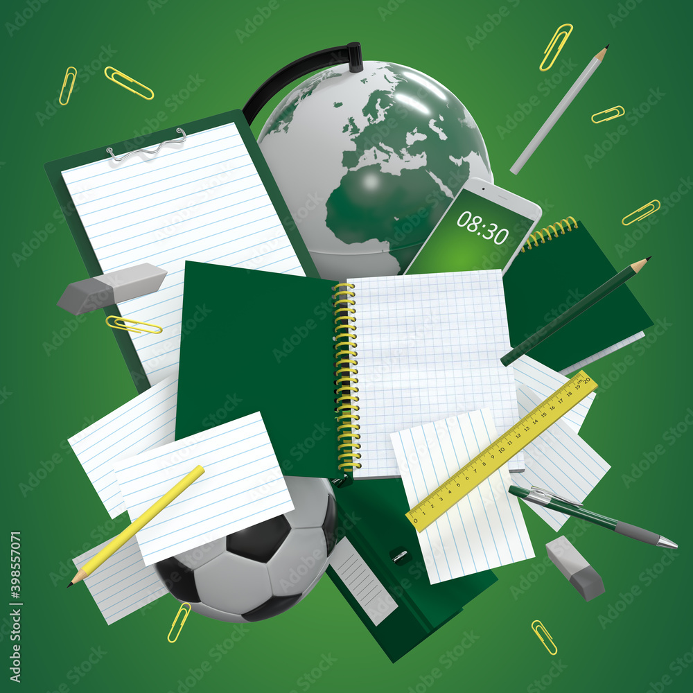 Green 3d rendering. Stationery and printing products float in the air. Globe, soccer ball, phone, notebook, folder, ruler, pens, pencils, paper clips and an eraser. Green 3d rendering. Stationery and printing products float in the air. Globe, soccer ball, phone, notebook, folder, ruler, pens, pencils, paper clips and an eraser.