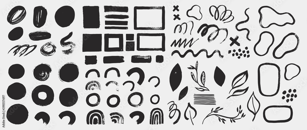 Collection of vector grunge elements, brush strokes, paint spots, lines and abstract shapes. Black ink stains isolated on white. Minimalistic design elements in hand painted style. - obrazy, fototapety, plakaty 