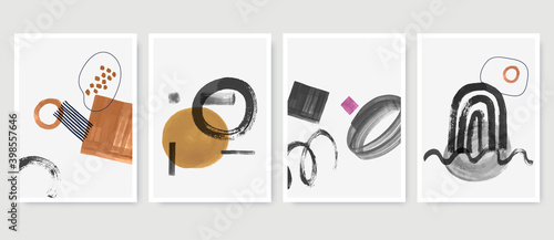Set of abstract posters in minimalist style with primitive hand painted shapes. Trendy artistic composition for wall decoration, cover, t-shirt print, postcard, web banner. Vector illustration.