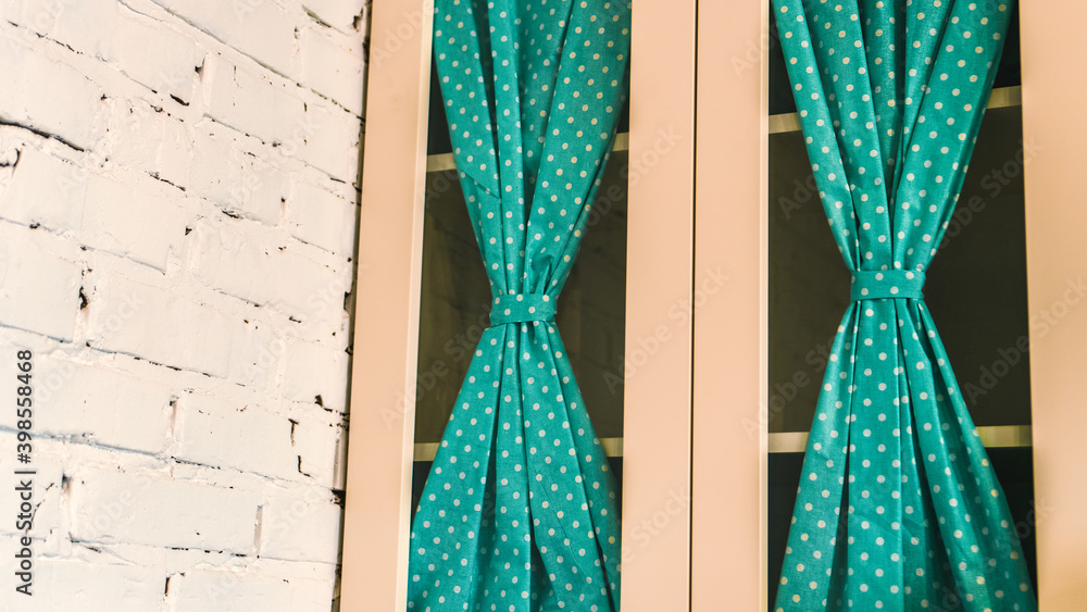 Curtains style pin-up. Green knitted fabric. Curtains style pin-up. Green knitted fabric.