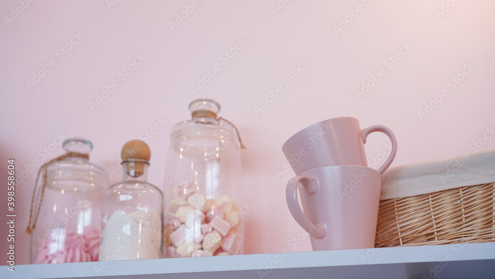 Modern kitchen wall with cookware set. Modern kitchen wall with cookware set.