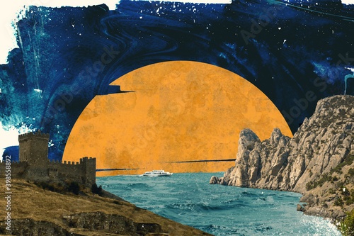 Surreal collage composition made of cutted photos with vintage toning. Seascape of fortress and rock on sundown evening. Dadaism minimal contemporary art.