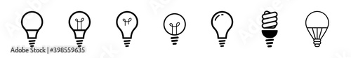 Light bulb icons thin line art set. Black vector symbols isolated on white. Set of different types of bulbs