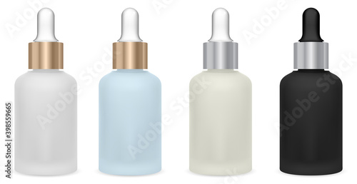 Oil bottle with dropper. Cosmetic serum glass bottle with eye drop isolated on white. Clear glass dropper bottles set for essential aroma. Facial collagen vial, luxury health product with pipette
