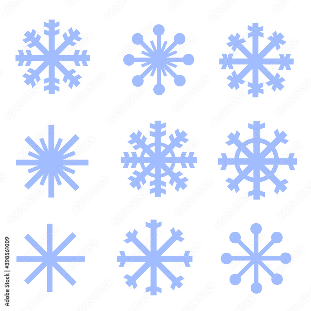 Collection of 9 blue simple snowflake icons cut out on a white background. Collection of 9 blue simple snowflake icons cut out on a white background.