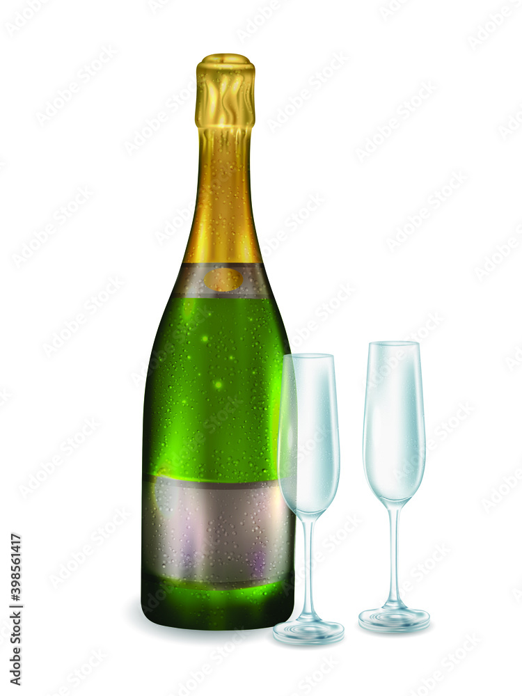 Closed bottle of white champagne. A bottle of champagne in an ice bucket and 2 full glasses. Realistic drink for the holiday and drink in glasses. Vector illustration Closed bottle of white champagne. A bottle of champagne in an ice bucket and 2 full glasses. Realistic drink for the holiday and drink in glasses. Vector illustration