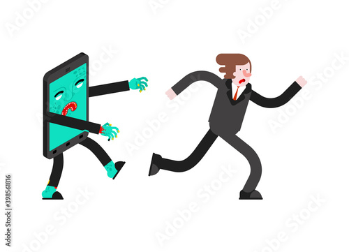 Zombie smartphone is chasing man. vector illustration