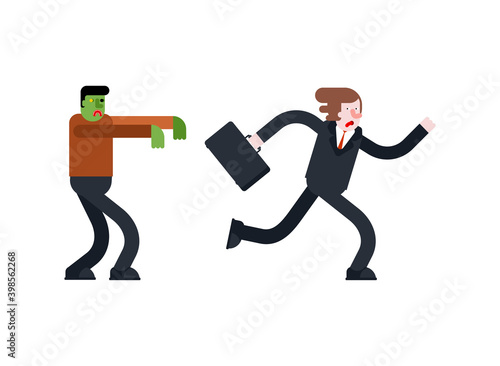 Zombie is chasing man. Zombi running after guy. Green walking dead haunts man. vector illustration