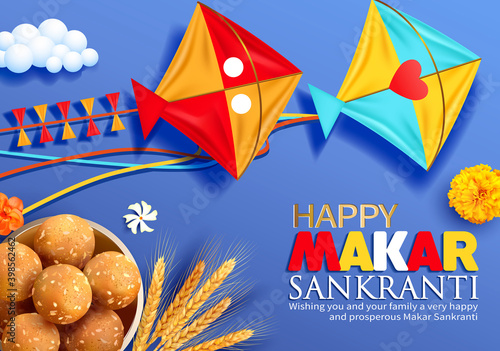 Greeting background with kites and traditional sweets (laddu) for Indian harvest festival Makar Sankranti (Pongal). Vector illustration.