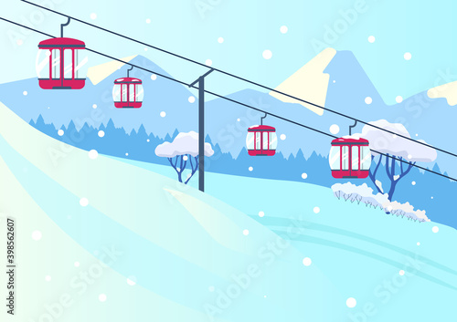 Vector illustration of mountain slope landscape with cableway in flat style. Snowy mountains with lift.