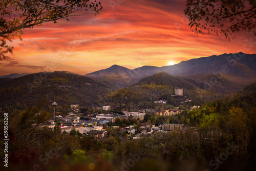 Gatlingburg overlook with smoky Mountains and red sunset photo