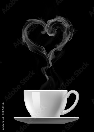 Coffee with love. Cap of coffee with heart symbol made of steam isolated on black background