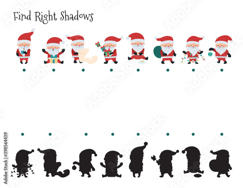 Educational game for preschool kids. Match right shadows. Cute cartoon Santa Claus. Christmas activity worksheet.