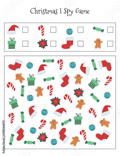 Christmas I spy game for preschool children. Count items. Educational activity worksheet.