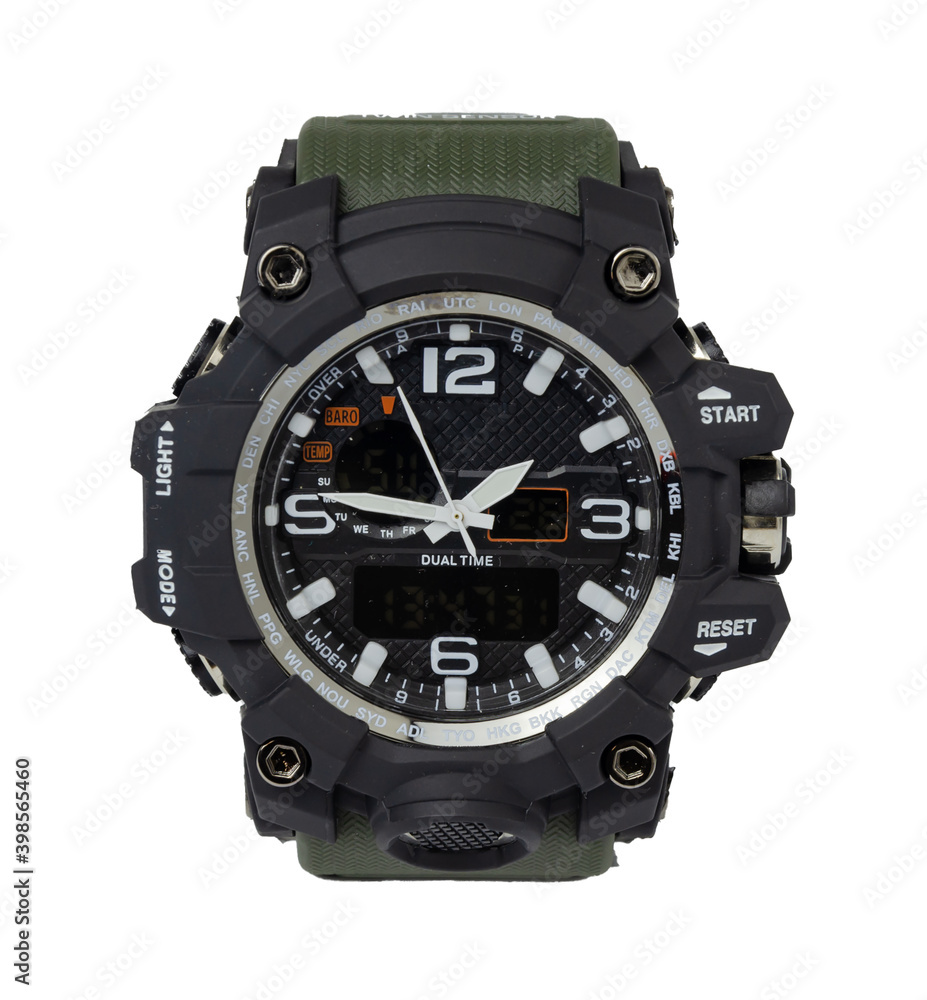 shockproof and water-resistant wrist watch with a double dial in dark green color, isolated