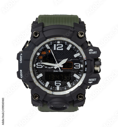 Obraz na płótnie shockproof and water-resistant wrist watch with a double dial in dark green color, isolated w salonie