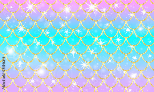 Golden pattern. Holographic rainbow background. Gold scales. Mermaid print.