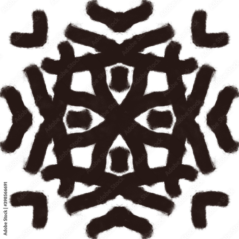 Black charcoal drawn folk tribal print. Abstract kaleidoscope pattern element for surface and textile design. Modern geometric ornamental snowflake block
