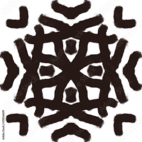 Black charcoal drawn folk tribal print. Abstract kaleidoscope pattern element for surface and textile design. Modern geometric ornamental snowflake block