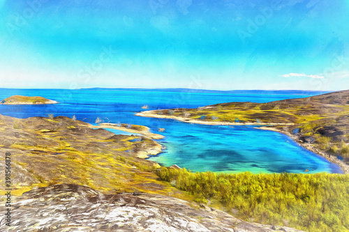 Scenery landscape of Barents sea shoreline colorful painting looks like picture.