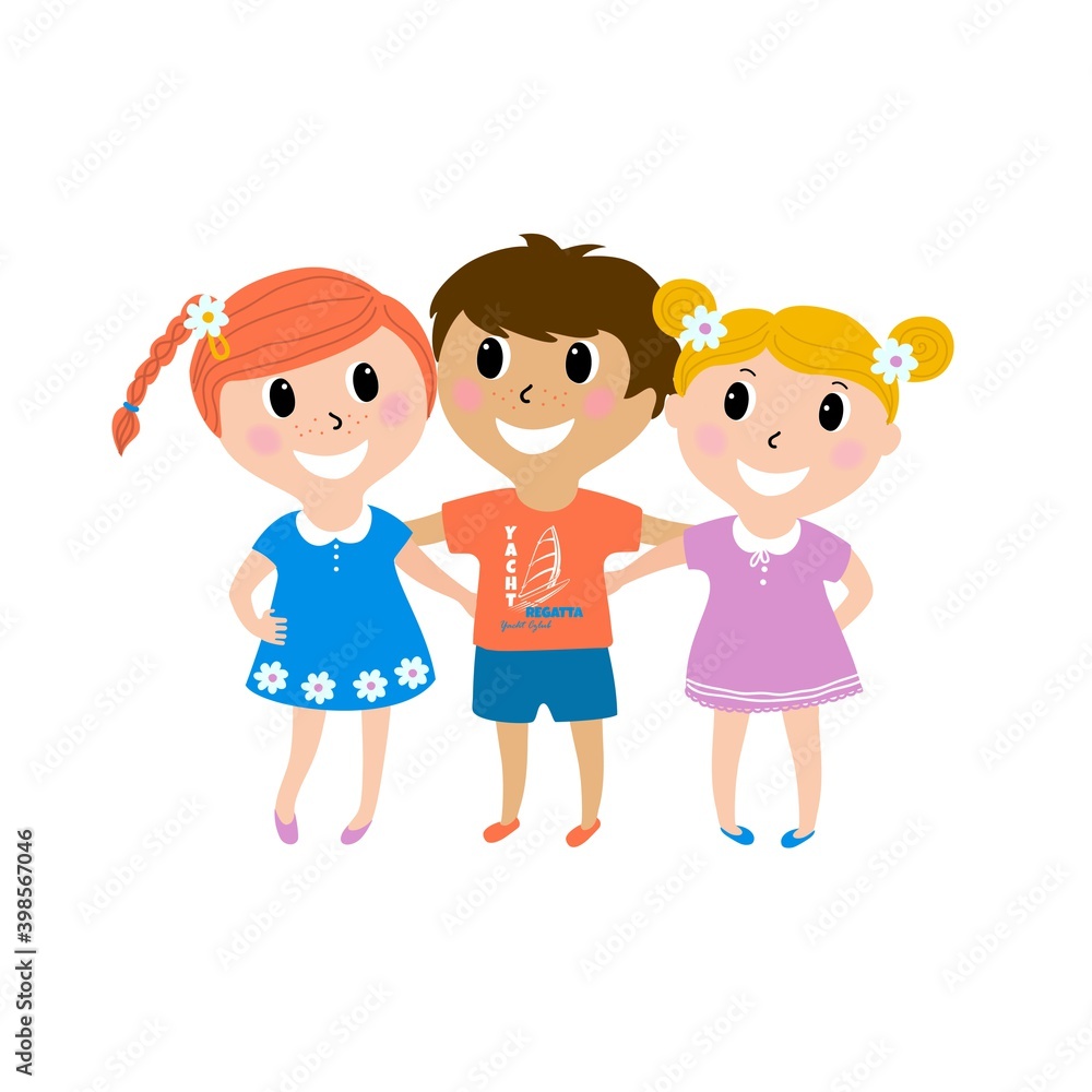 Illustration of kid students as close friends. Happy kids best friends. Vector illustration in cartoon style isolated on white background Illustration of kid students as close friends. Happy kids best friends. Vector illustration in cartoon style isolated on white background