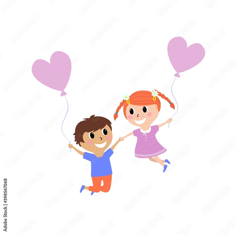 Happy boy and girl playing with colorful balloons. Jump for joy. Funny cartoon character. Vector illustration. Isolated on white background Happy boy and girl playing with colorful balloons. Jump for joy. Funny cartoon character. Vector illustration. Isolated on white background