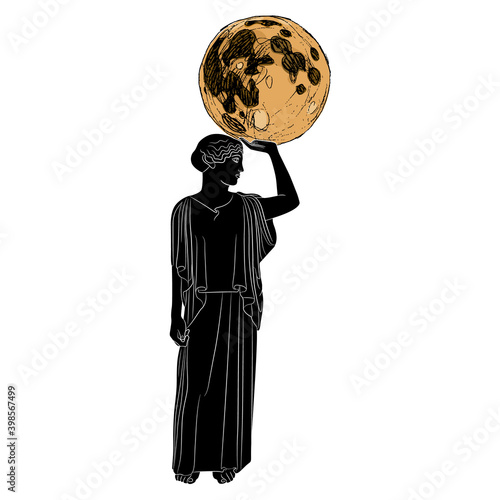 Standing ancient Greek woman or goddess holding full moon. Selene or Nyx. Muse Urania.