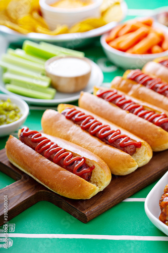 Photography Game day food for Super Bowl, hot dogs and other snacks