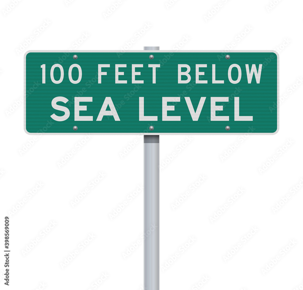 Vector illustration of the 100 Feet Below Sea Level green road sign