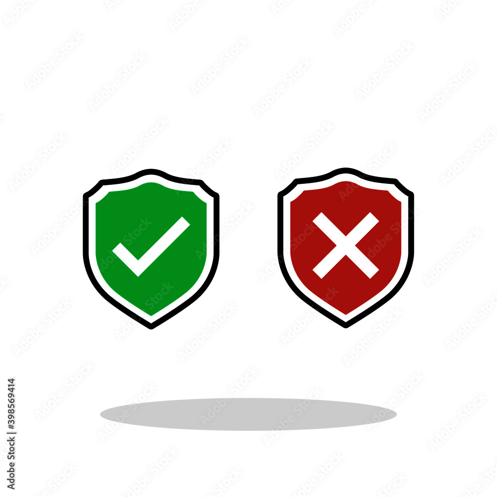 Shield with tick and cross icon in trendy flat style. Secured Unsecured symbol for your web site design, logo, app, UI Vector EPS 10. Shield with tick and cross icon in trendy flat style. Secured Unsecured symbol for your web site design, logo, app, UI Vector EPS 10.