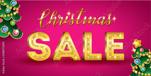 Vector luxury Christmas sale banner for jewelry store. Gold glitter shiny inscription Sale on a pink background with Christmas trees and toys, precious stones and diamonds, vector illustration.