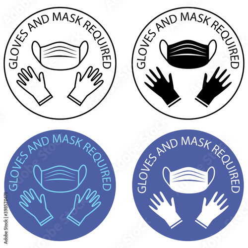 Safety gloves are required. Mask and gloves are required, warning prevention sign. Virus prevention icons. Blue color and black outline icons. Preventing virus spread concept. Vector
