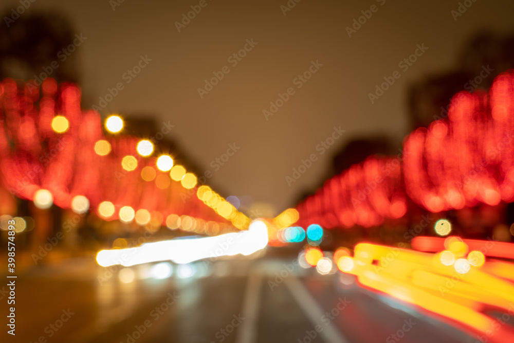 Paris,France - 12 09 2020: Blurred view of the Avenue des Champs Elysées with Christmas lights