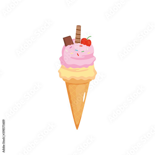 ice cream cone with cherry and wafer stick, colorful design