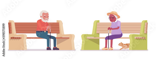 Old man, woman elderly person sitting on bench with cane. Senior citizens over 65 years, retired grandparent, old age pensioner. Vector flat style cartoon illustration isolated on white background