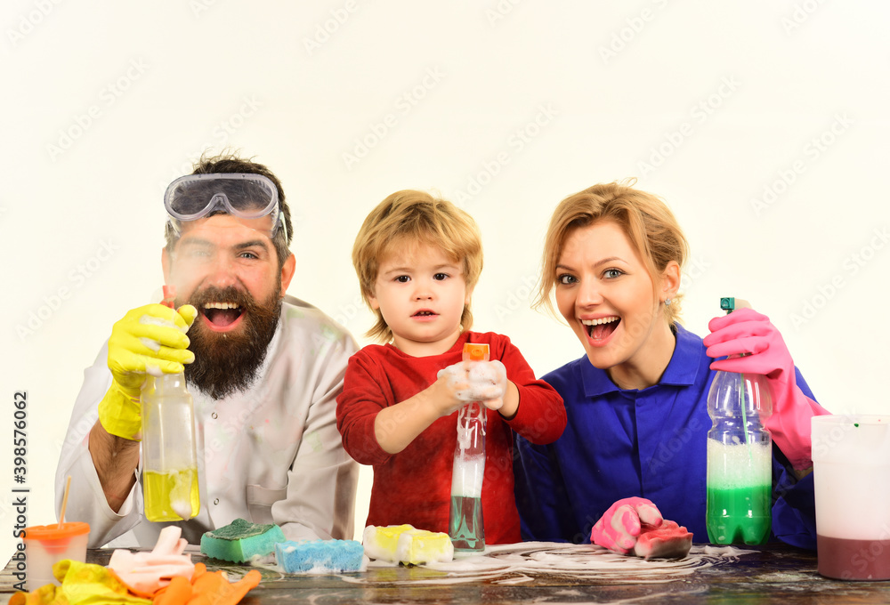 Obraz premium Cleaning time. Family clean home together. Playing with cleaning tools. Cleaning spray. Desinfection. Home cleaning. Soap.