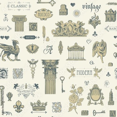 Abstract seamless pattern on the theme of vintage art, furniture and Antiques. Vector background with sketches and drawings in retro style on the old paper backdrop. Wallpaper, wrapping paper, fabric