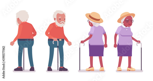 Old man, woman elderly person standing with walking cane. Senior citizens over 65 years, retired grandparent, old age pensioner. Vector flat style cartoon illustration isolated on white background