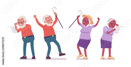 Old angry man, woman elderly person reading paper. Senior citizens over 65 years, retired grandparent, old age pensioner. Vector flat style cartoon illustration isolated on white background
