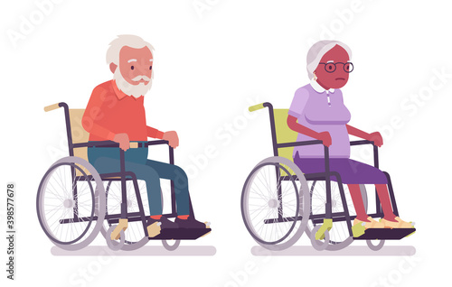 Old man, woman elderly person sitting in a wheelchair. Senior citizens over 65 years, retired grandparent, old age pensioner. Vector flat style cartoon illustration isolated on white background