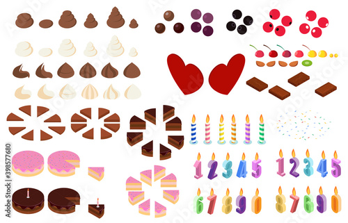 Cake decorations in isometric style.