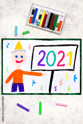 Colorful drawing: happy man celebrating the New Year 2021