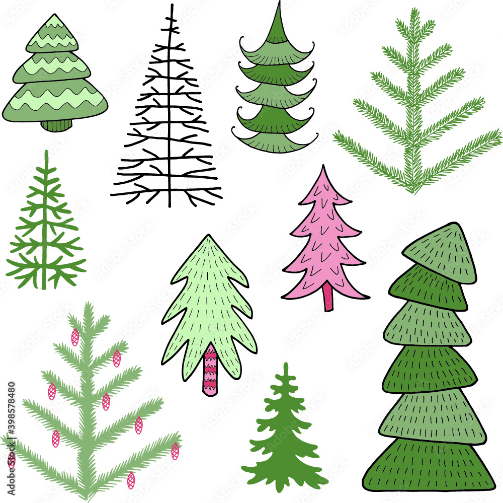 Obraz premium Vector collection of different Christmas trees. Hand drawing. Illustration is perfect for decoration of holiday cards or packages.