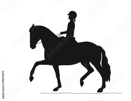 Vector silhouette of a young girl trots beautifully on a horse