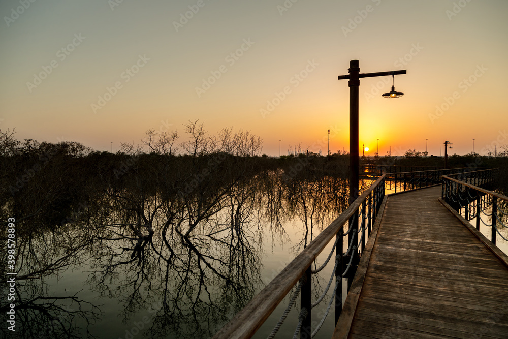 Wooden bridge at the park in Abu Dhabi during the sunset