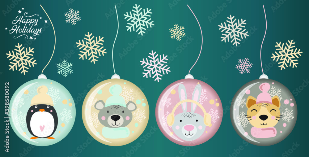 Illustration of cute vector animals for winter holidays in pastel colors with sparkling snowflakes. Penguin, teddy bear, Christmas tree and deer shapes in the festive composition. Happy holidays