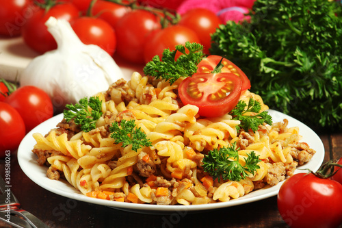 Fusilli pasta with meat and vegetables 