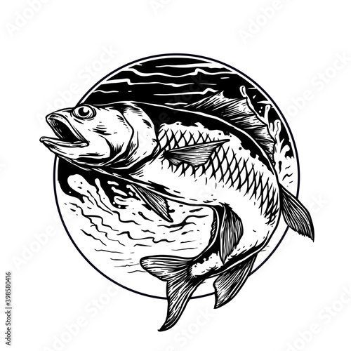 vector of fish in the wave for fishing club logo badge