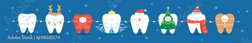 Dental Christmas illustration or banner. Teeth in stage costumes hold hands. Cute cartoon teeth celebrate Christmas and New Year.